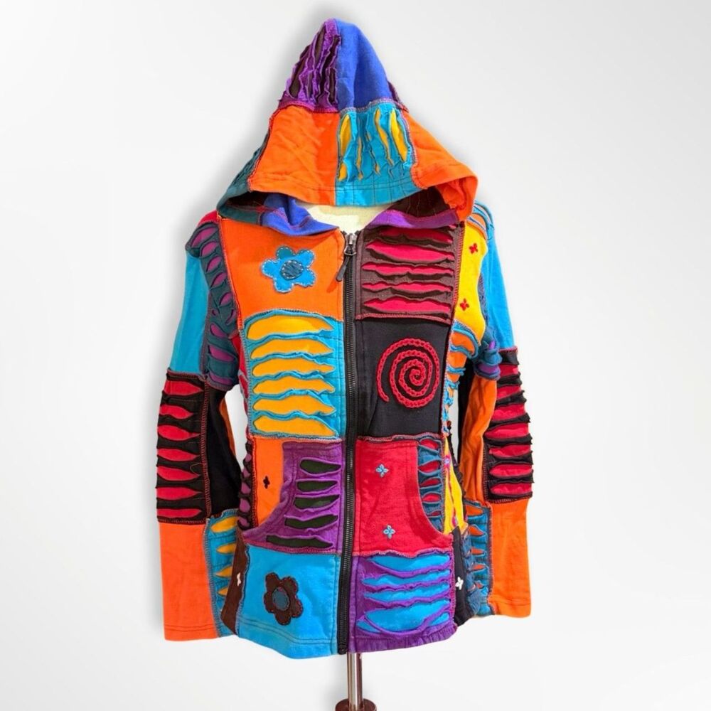 Coline, Patch Razor Cut Flower Colorful Cotton Hoodie Zip Up, L Boho Festival